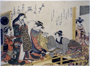 Japanese Courtesans at Leisure, Kitao Masanobu, Woodblock Print, 1733