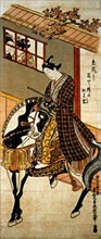Young Japanese Samurai on Horseback, Okumura Masanobu, Woodblock Print, 1745