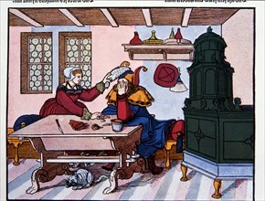 Man and Woman Sitting at Kitchen Table, Germany, Engraving by Hans Hofer, 16th Century