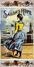 Woman Standing on Dock Looking At Ship in the Harbor, Advertisement for Tobacco Company, circa 1898