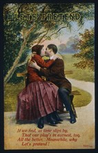 Romantic Couple Kissing in Park, Postcard, circa 1910