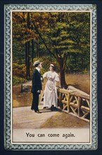 Couple Walking Over Foot Bridge, Postcard, circa 1912
