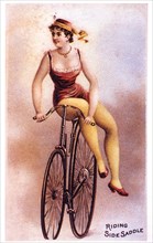 Woman Riding Bicycle Side Saddle, "Riding Side Saddle", The American Tobacco Company Trade Card, 1895