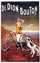 Woman With Bicycle and Dog on Beach, Advertisement for De Dion Bouton Cycles, 1925