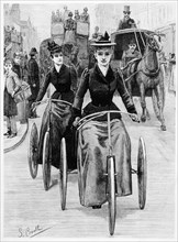 Women Riding Three Wheel Cycles in City Traffic, Engraving, 1880