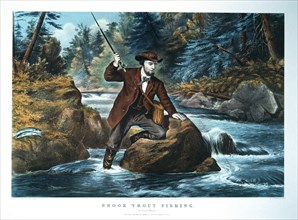 Man Brook Trout Fishing, "An Anxious Moment", Currier & Ives, Lithograph, 1862