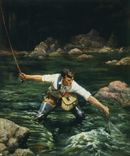 Man Fishing, "Landing the Trout", The Literary Digest, Lithograph, June 10, 1922