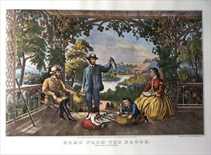 Father With Caught Fish Returning to Family on Porch, "Home from the Brook", Currier & Ives, Lithograph, 1867
