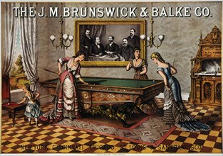 Advertisement for Billiard Tables Showing Women Playing, "The J. M. Brunswick & Balke Co.", 1885