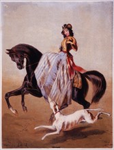 Woman Riding Side Saddle, Hand Colored Engraving, circa 1870