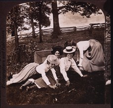 Women Falling out of Wheel Barrow, Stereo Photograph, 1905