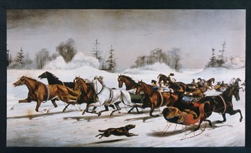 Horse-Drawn Sleighs, "Trotting Cracks", Currier & Ives, Lithograph, 1858