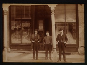 Three Men Standing in Front of Liquor Store, Aylmer, Ontario, Canada, 1900