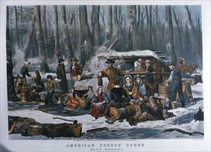 American forest Scene, Maple Sugaring, Currier & Ives, Lithograph, 1856