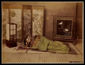 Two Japanese  Girls Sleeping in Bedroom, circa 1880