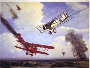 Canadian Pilot Andrew E. McKeever in Bristol Fighter Downs Five German Rumpler C-5's During WWI, Illustration, circa 1917