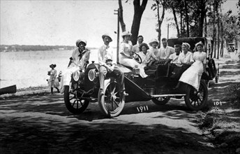 Large Group of People With Automobile, Portrait, 1911