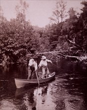 Two Boys Fishing From Canoe in River, USA, Albumen Stereo Photo, circa 1898