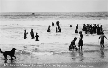 Group of People Wading in Pacific Ocean, Santa Monica, California, USA, circa 1890