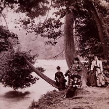 Group of Women and Children Relaxing by River, USA, Albumen Photograph, 1898