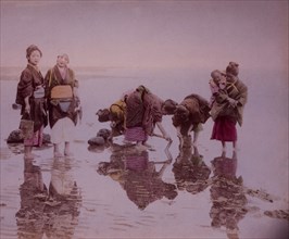 Japanese Women and Children Gathering Seashells on Beach, Japan, circa 1880