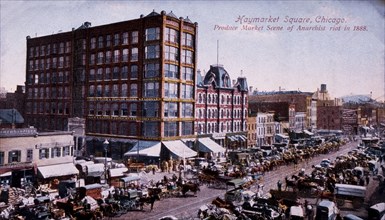 Haymarket Square, Produce Market Scene of Anarchist Riot of 1886, Chicago, Illinois, USA, Hand-Colored Postcard, circa 1888