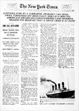 Sinking of Lusitania by German Submarine, New York Times Front Page, May 8, 1915