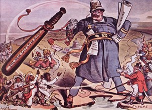 US President Theodore Roosevelt's New Diplomacy, "Speak Softly and Carry a Big Stick", Puck Political Cartoon, 1901
