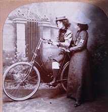 Two Women With Bicycle, Single Image of Stereo Card, circa 1900