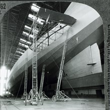 Graf Zeppelin with Damaged Fin, First Airship to Cross Atlantic Ocean, Lakehurst, New Jersey, USA, Where it Arrived, Single Image of Stereo Card, October 15, 1928