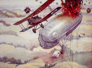 American Pilot Major George A. Vaughn Destroying a German Kite Observation Balloon, Painting, Charles H. Hubbell, 1917