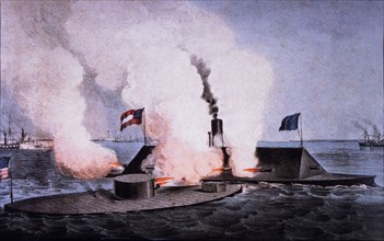 Terrific Combat between the "Monitor" 2 Guns and  "Merrimac" 10 Guns, Lithograph, Currier and Ives, 1862