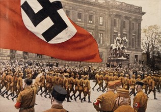 Adolf Hitler Saluting Marching Nazi Soldiers, Braunschweig, Germany, 1931
