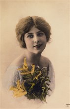 Smiling Young Woman Holding Bouquet of Flowers, Portrait, Hand-Colored Card