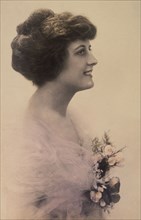 Smiling Woman in Formal Dress and Corsage of Flowers, Profile Portrait, Hand-Colored Card