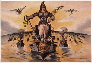 "Peace", Great White Fleet Carrying the Figure of Peace and Featuring President Theodore Roosevelt, Political Cartoon, Puck Magazine, 1905