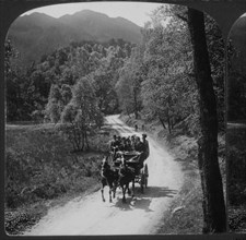 Group of People Traveling in Horse-Drawn Carriage on Rural Road, Scotland, Single Image of Stereo Card, 1902