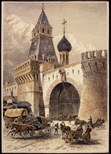 Nikolsky Gate, Moscow, Hand-Colored Engraving circa 1875