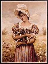 Young Woman in White Bonnet Holding Puppies, Lithograph, circa 1891