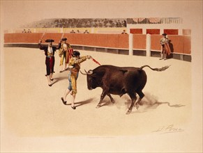 Banderillear al Cuarteo, Bull Fighting, Chromolithograph, circa 1900