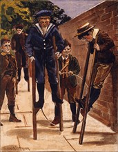 Boys Walking on Stilts, Hand-Colored Engraving, circa 1911