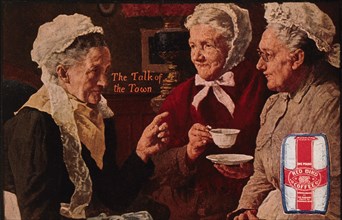 "The Talk of the Town", Three Elderly Women in White Bonnets Drinking Coffee, Red Bird Coffee Trade Card, circa 1911
