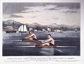 Great Five Mile Rowing Match for $4000 and the Championship of America, Hudson River, New York, Currier & Ives, Lithograph, circa 1867