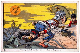 World War I French Satirical Card, Coming Back From the War, circa 1918