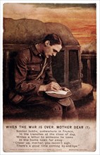 World War I Poster, English Soldier in France with Music Lyrics, "When the War is Over Mother Dear", circa 1914