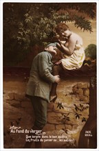 World War I French Poster, A French Soldier and his Sweetheart, Au Fond du Verger, circa 1914