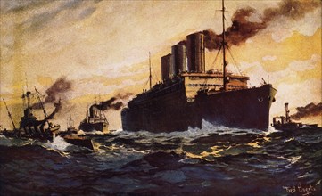 World War I Transports with U.S. Troops Sail for England Escorted by U.S Navy Destroyers, Painting by Fred Hoertz, USA, circa 1918