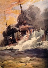 World War I American Destroyer Laying Smoke Screen in North Atlantic Ocean, Illustration by LA Shafer, USA, Painting, circa 1917