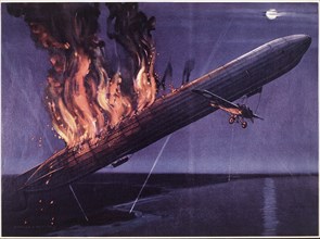 World War I English Monoplane Destroying German Zeppelin, the First Zeppelin to be Destroyed, Illustration, circa 1915