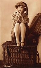 Woman Sitting on Large Wicker Basket, French Post Card, circa 1920's